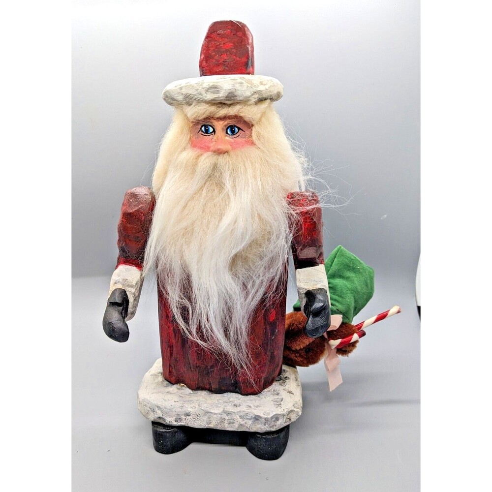 Primitive Wood Santa Claus w Toy Sack Folk Art Hand Painted Figure Jointed